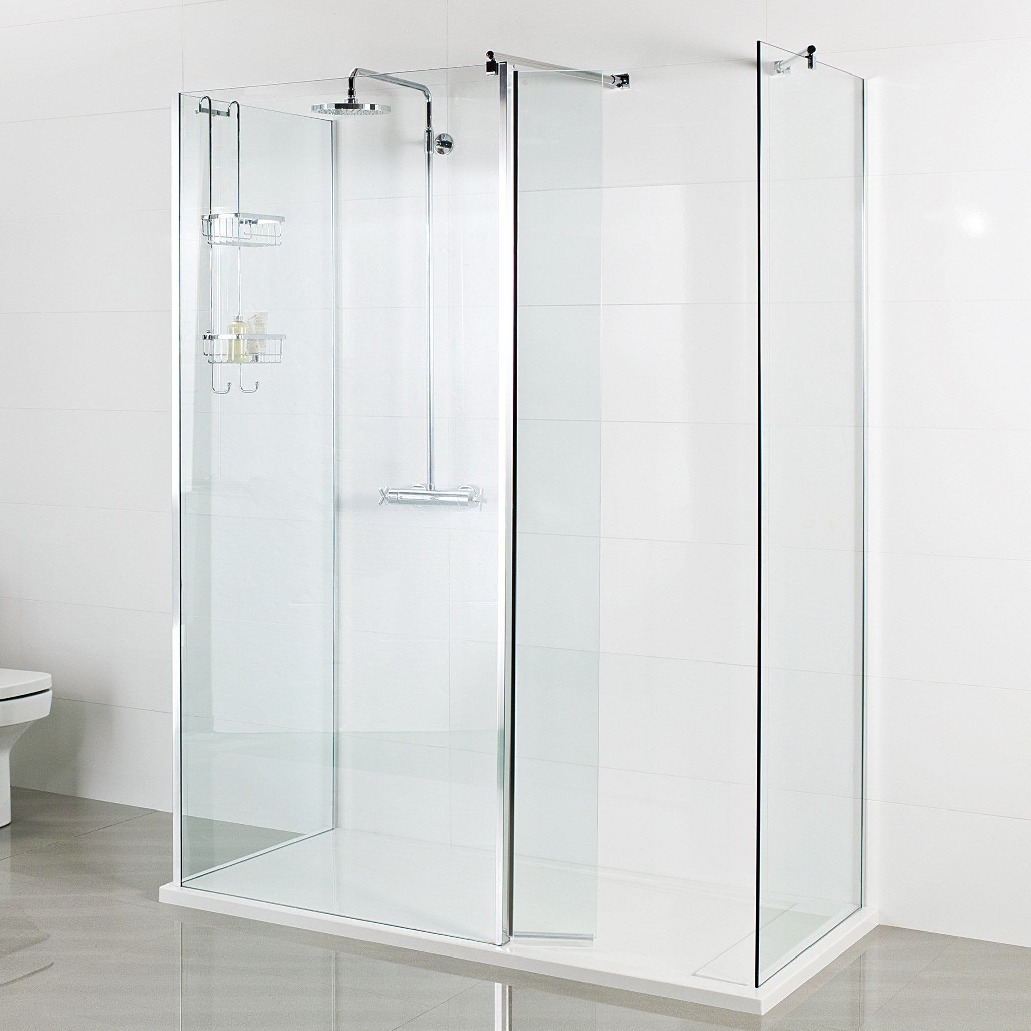 Glass To Glass Wetroom Panel + 2x Corner Wetrooms + Pivoting Deflector Panel 