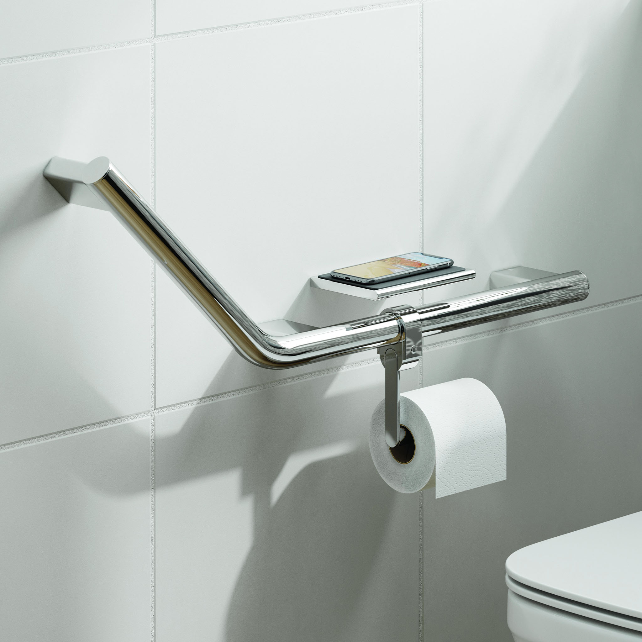 HiB Angled Grab Rail With Toilet Roll Holder & Shelf With Anti-Slip Mat