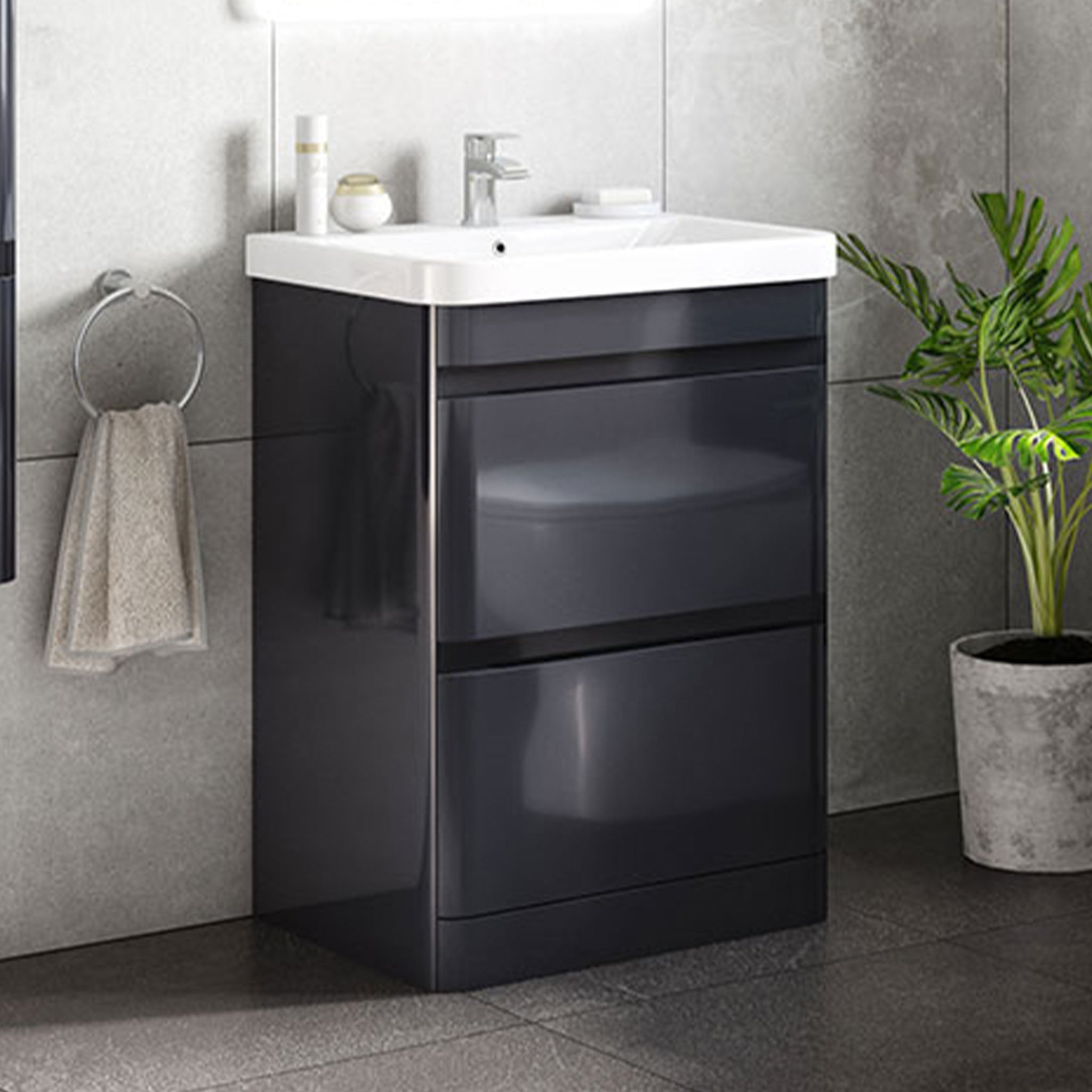 MyLife Clearance Casi 600mm 2 Drawer Floor Mounted Unit & Basin - Anthracite Gloss