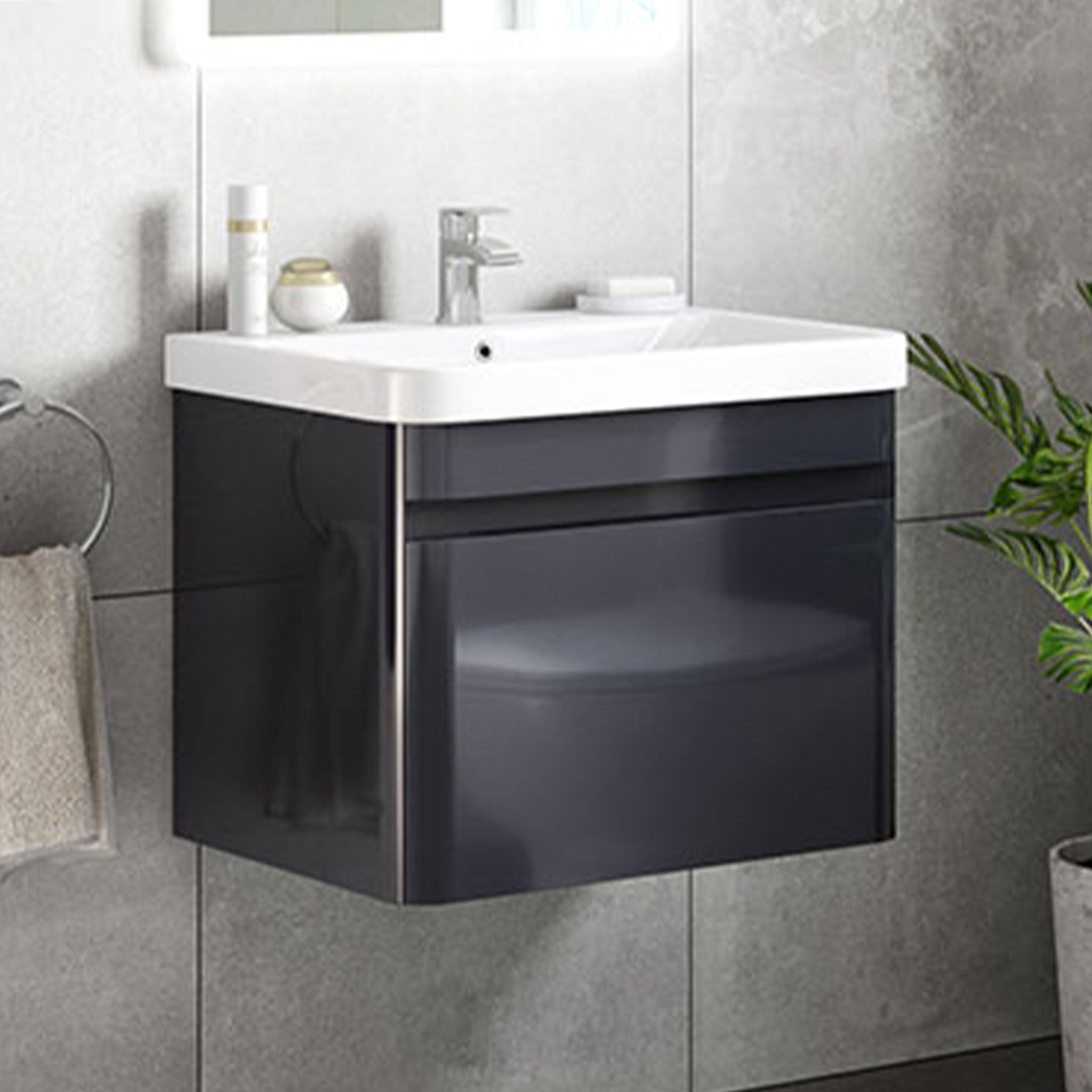 MyLife Clearance Casi 600mm 1 Drawer Wall Mounted Unit & Basin - Gloss Anthracite