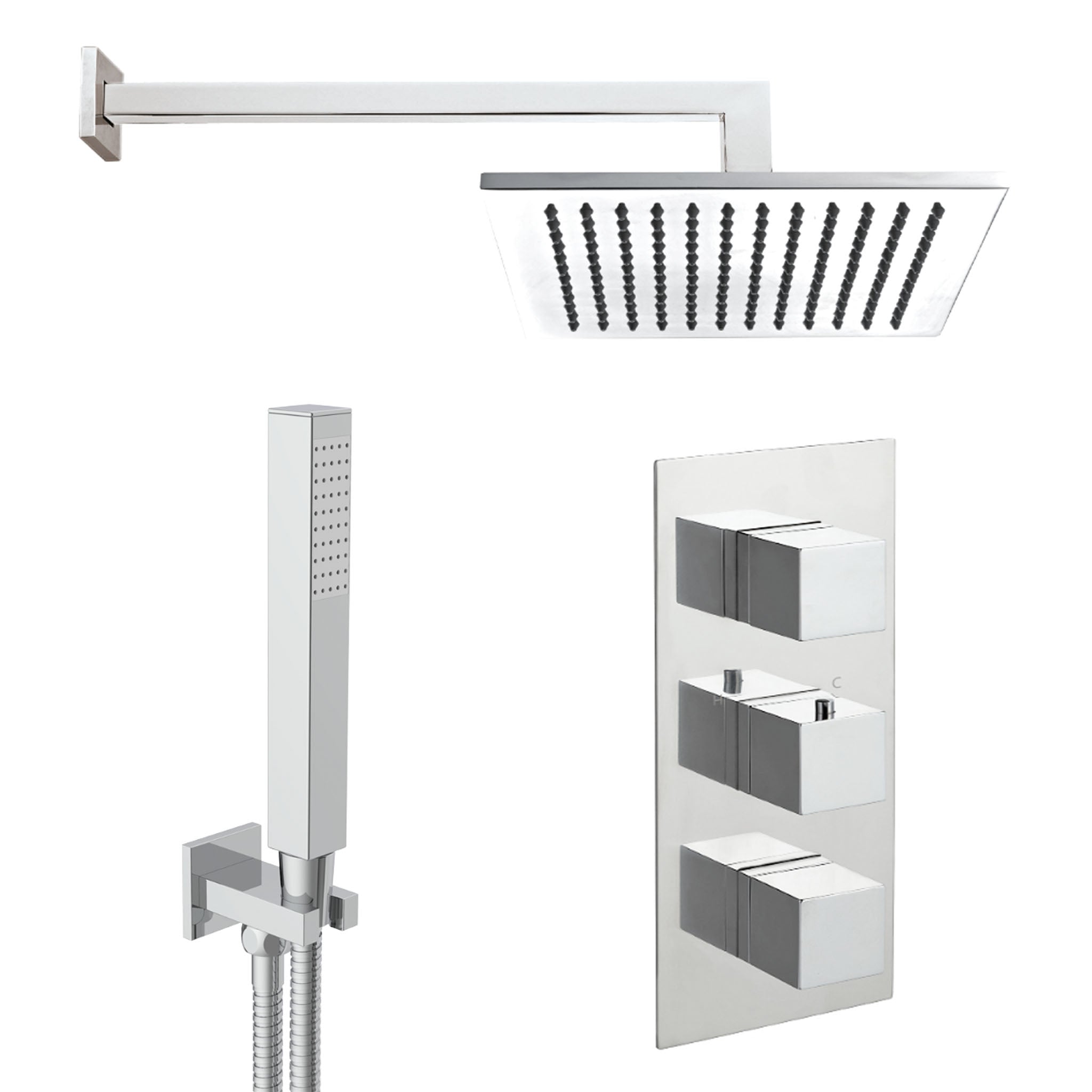 JTP Athena Square 3 Controls Thermostatic Shower Valve With Overhead Shower & Fixed Shower Hand Set